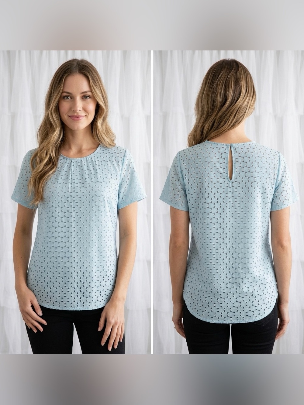 Banana Republic Women’s Blue Laser Cut Eyelet Overlay Short Sleeve Blouse SizeS